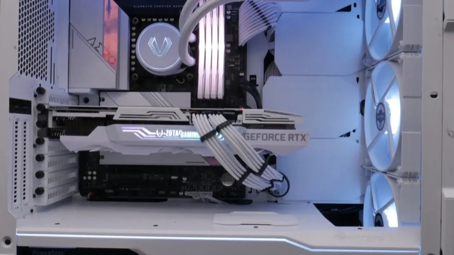 Wide interior view of a completed white Bottomline Thermals gaming PC