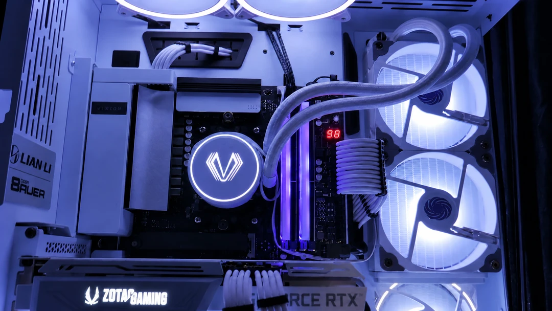 Completed white and blue Bottomline Thermals PC with its full side-fan array visible
